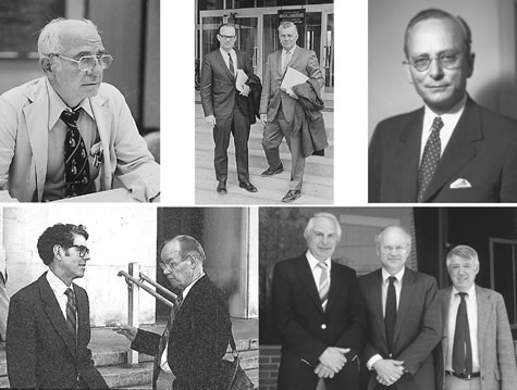 Figure 4. Montage of photos, taken from the author's albums, shows some of the individuals  who greatly contributed to early activities that initially influenced prosthetics and orthotics so profoundly and which later had great impact on rehabilitation engineering. [Top Left] Clinton L. Compere, MD (circa 1980), Chicago orthopaedic surgeon, founder of prosthetics research and prosthetics education at Northwestern University. [Top Center] The author, in darker suit, with Hector W. Kay in 
Yugoslavia during 1968. Kay was Assistant Executive Director of the Committee on Research and Development (CPRD) of NAS/NRC and founder of the Association of Children's Prosthetics/Orthotics Clinics. [Top Right] Paul B. Magnuson,  MD (circa 1956), Chicago surgeon, architect of the VA Medical System after WWII, Chief Medical Director of VA (1948-51) and founder of the Rehabilitation Institute of Chicago. [Lower Right] The author, in center (circa 1985), is flanked on the viewer's right by A. Bennett Wilson, Jr., former Executive Director of CPRD, who perhaps more than any other person promoted the birth engineers on the continent. [Lower Left] Photo of Joseph E. Traub, CP (right), 
of the Social and Rehabilitation Service of DHEW (now NIDRR), who had a lot to do with development of rehabilitation engineering programs, talking with James B. Reswick, ScD, one of the foremost American rehabilitation engineers (circa 1989).